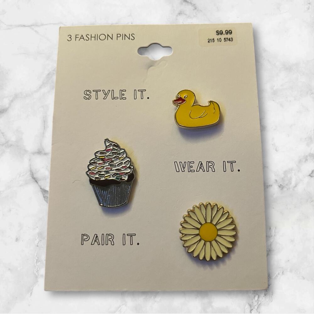 “Trendy Fashion Pin Set - Rubber Duck, Cupcake, Daisy Flower Enamel Pins